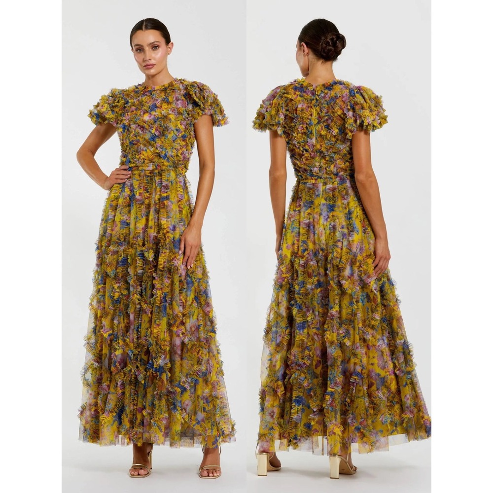 NWT Mac Duggal Yellow Micro Ruffle Floral Maxi Dress $698 - Size 8